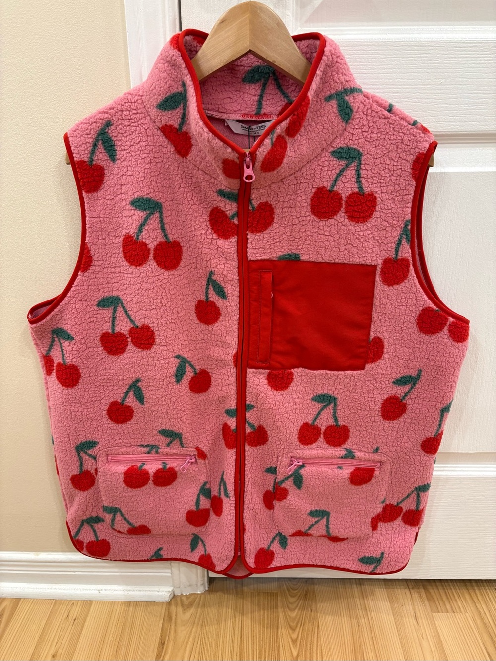 NWT Smash + Tess Teddy Fleece Vest in Pink with Red Cherry Print - Size M/L